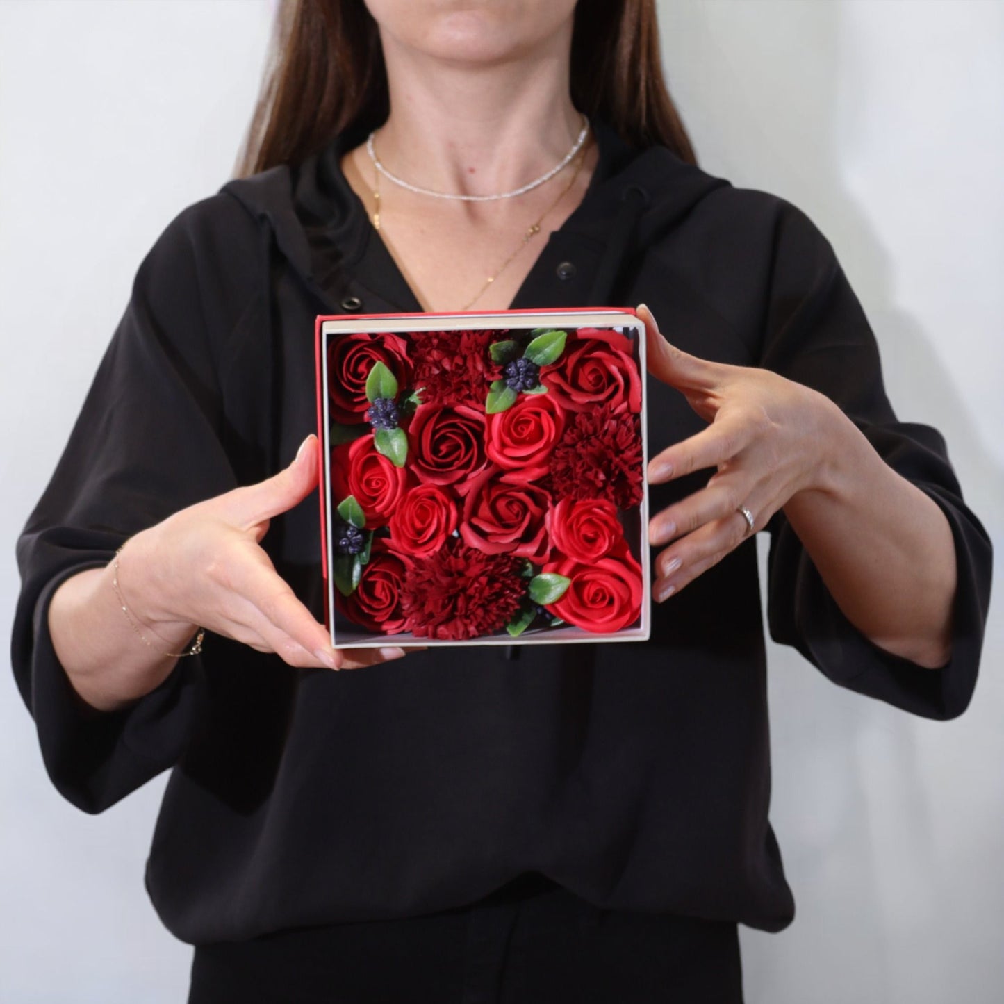Square Box Soap Flower Bouquet – Classic Red Roses Valentine Gift