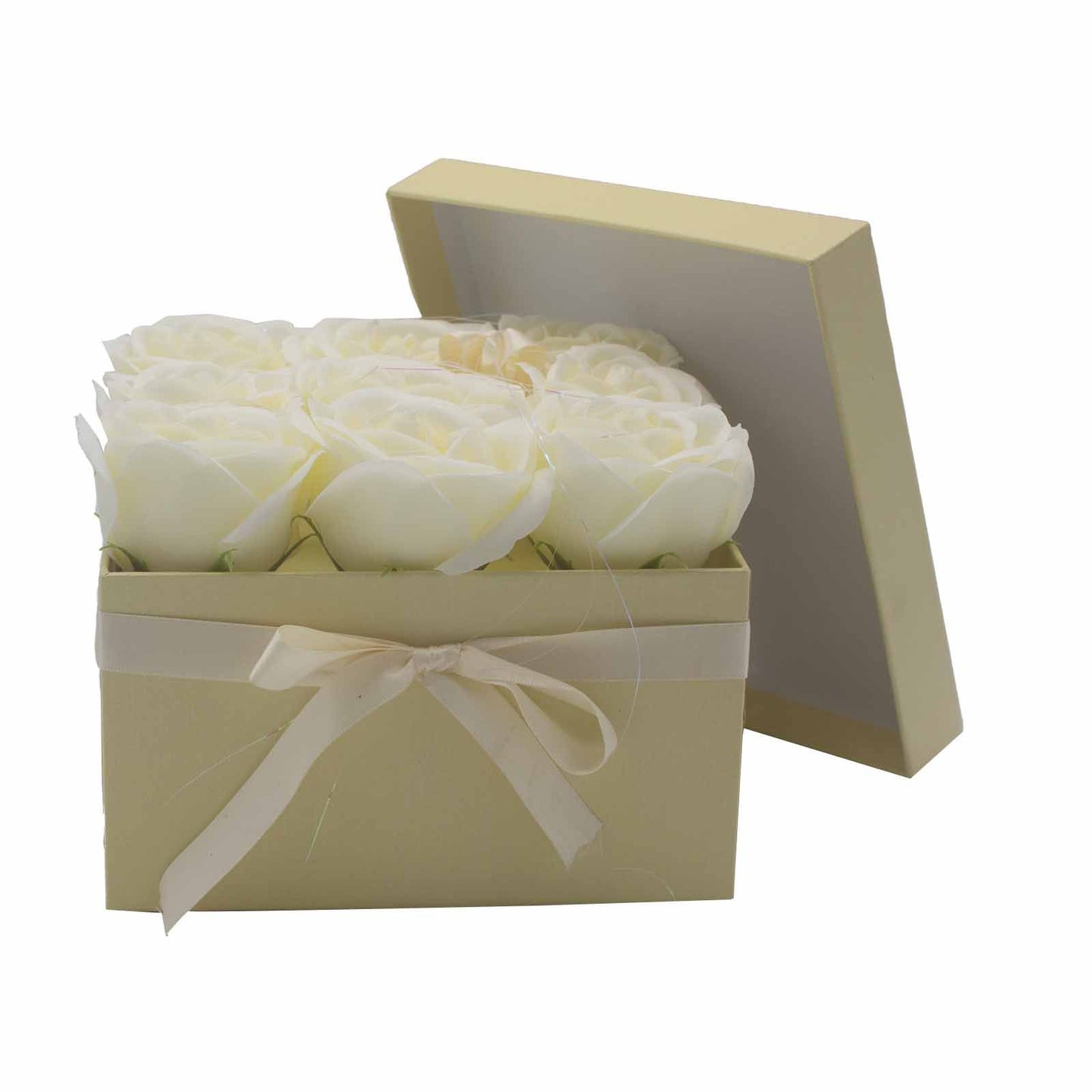 Soap Flower Gift Bouquet – 9 Cream Roses Elegant Anniversary Gift (Square Box)