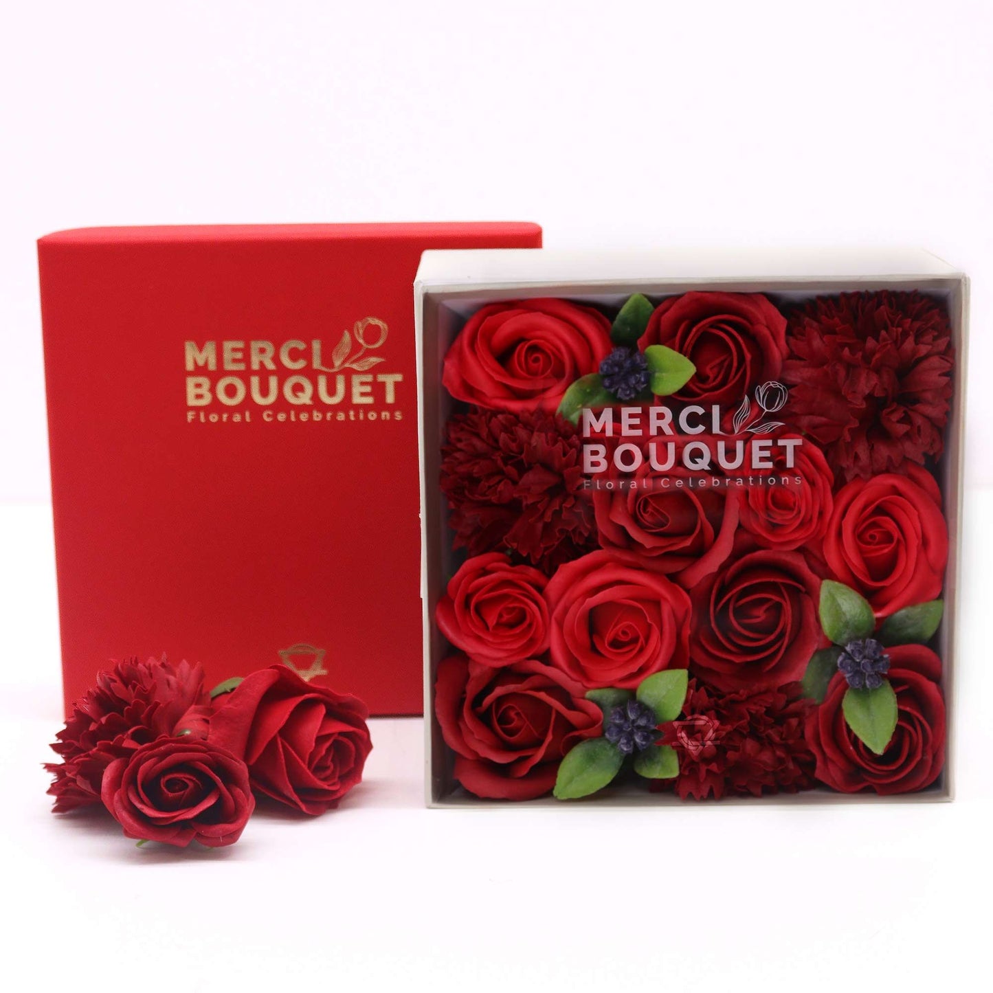 Square Box Soap Flower Bouquet – Classic Red Roses Valentine Gift