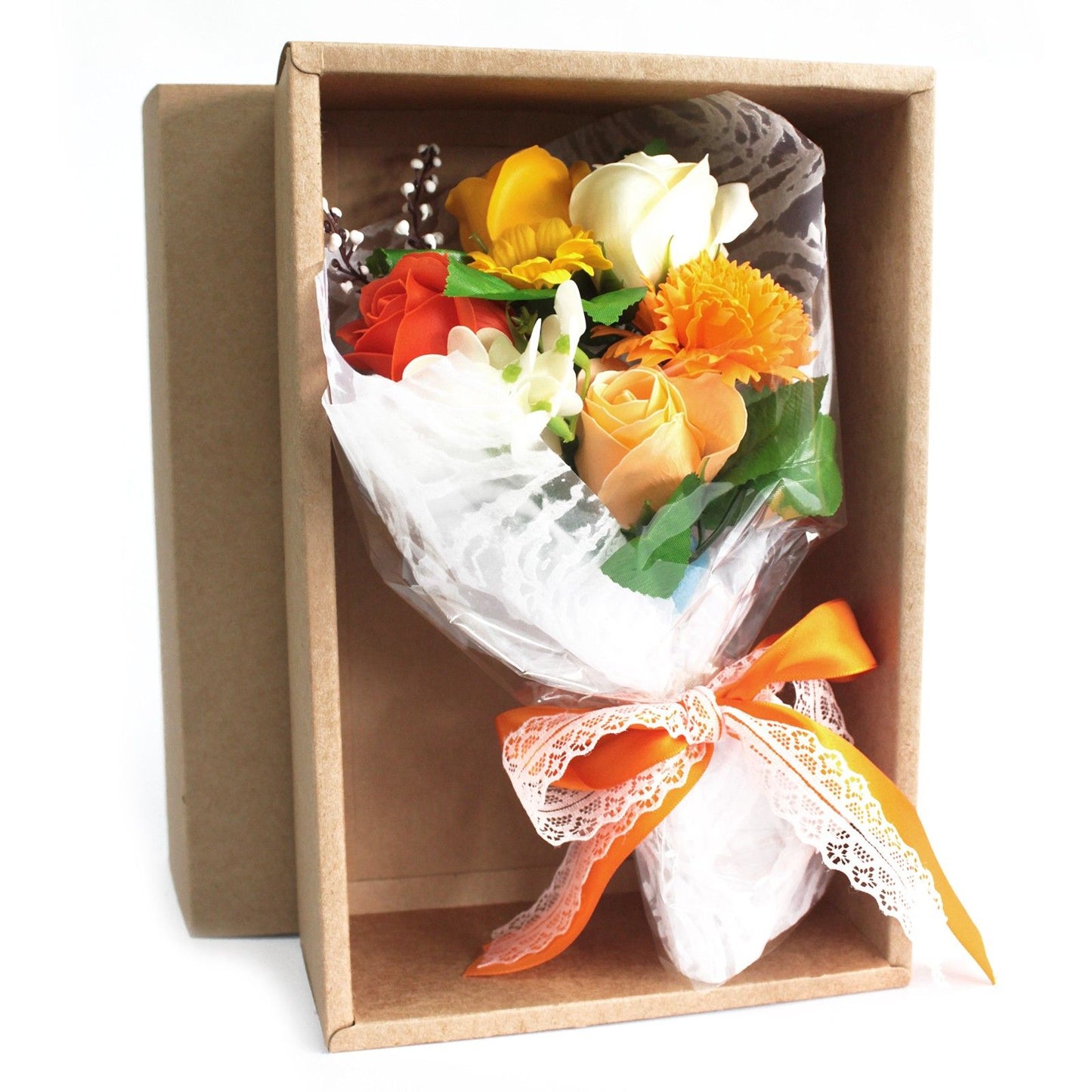 Boxed Hand Soap Flower Bouquet – Orange Roses Bright Valentine Gift