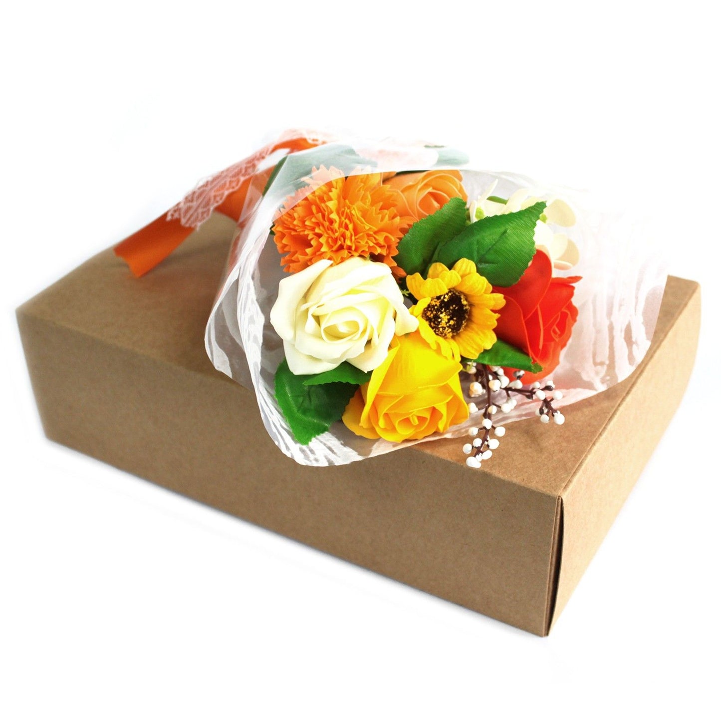 Boxed Hand Soap Flower Bouquet – Orange Roses Bright Valentine Gift