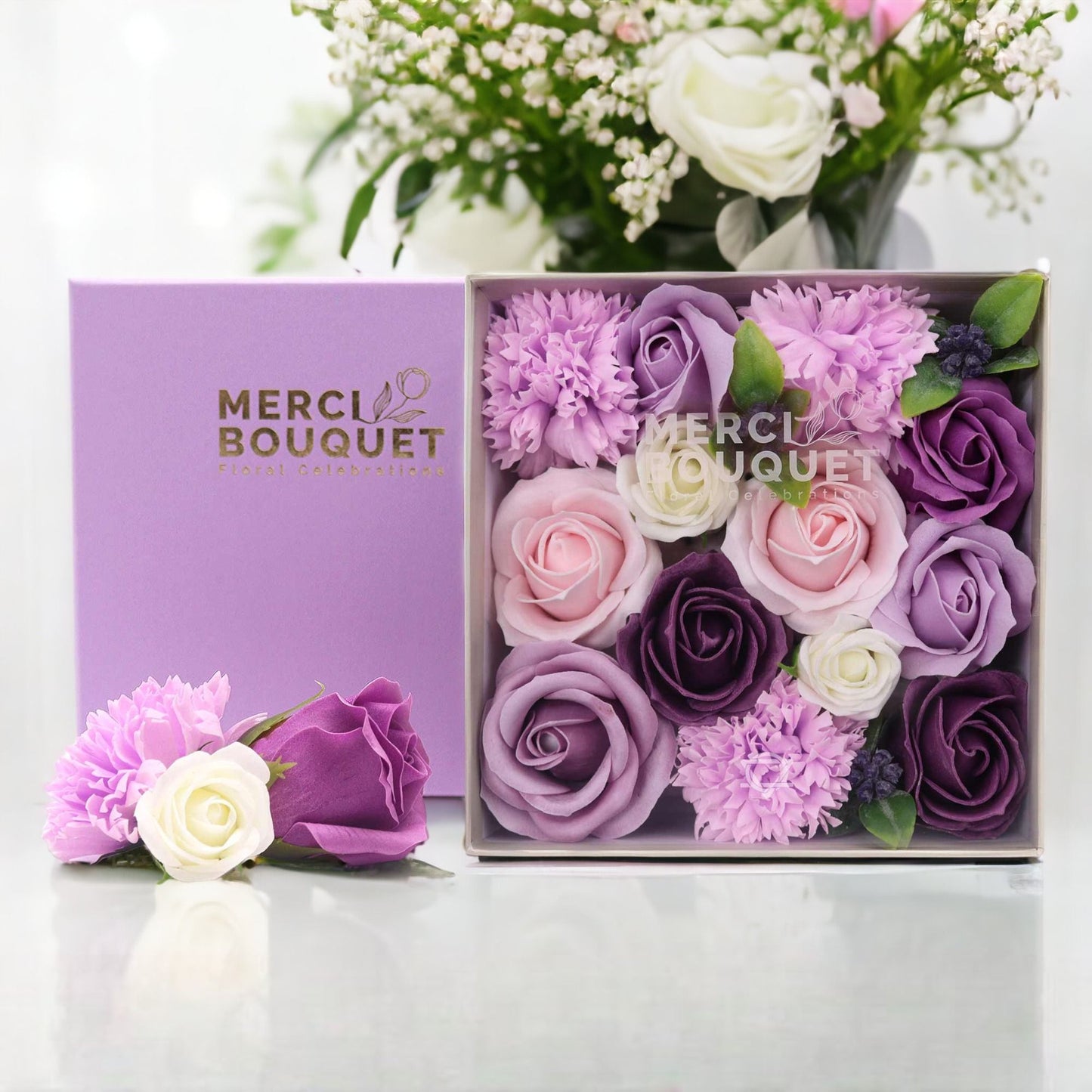 Square Box – Lavender Rose & Carnation Romantic Soap Flower Gift