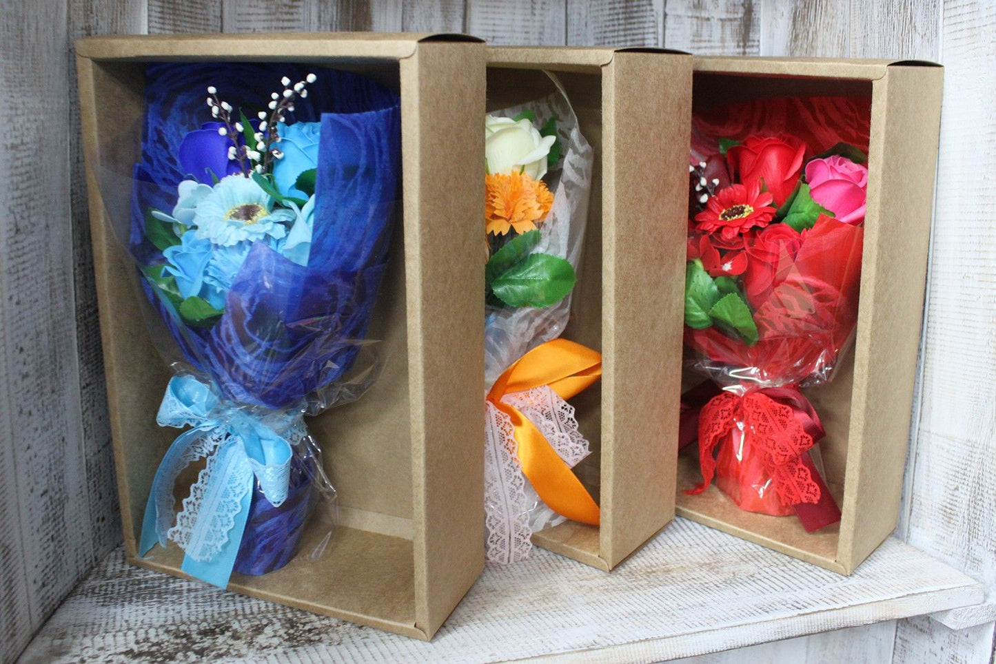 Boxed Hand Soap Flower Bouquet – Orange Roses Bright Valentine Gift