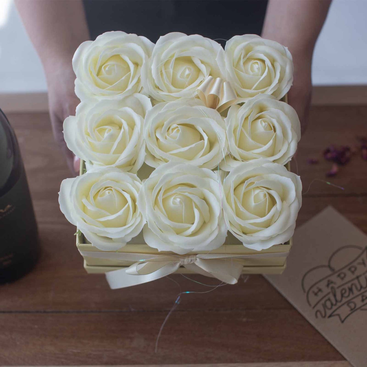 Soap Flower Gift Bouquet – 14 Cream Roses Luxury Valentine Gift (Round Box)