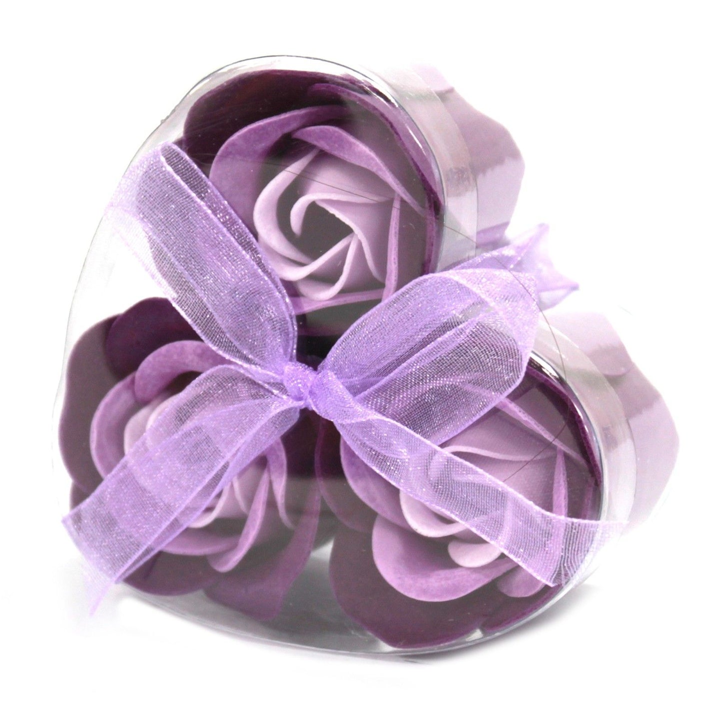 Heart Box of 3 Lavender Rose Soap Flowers – Tranquil Romantic Gift