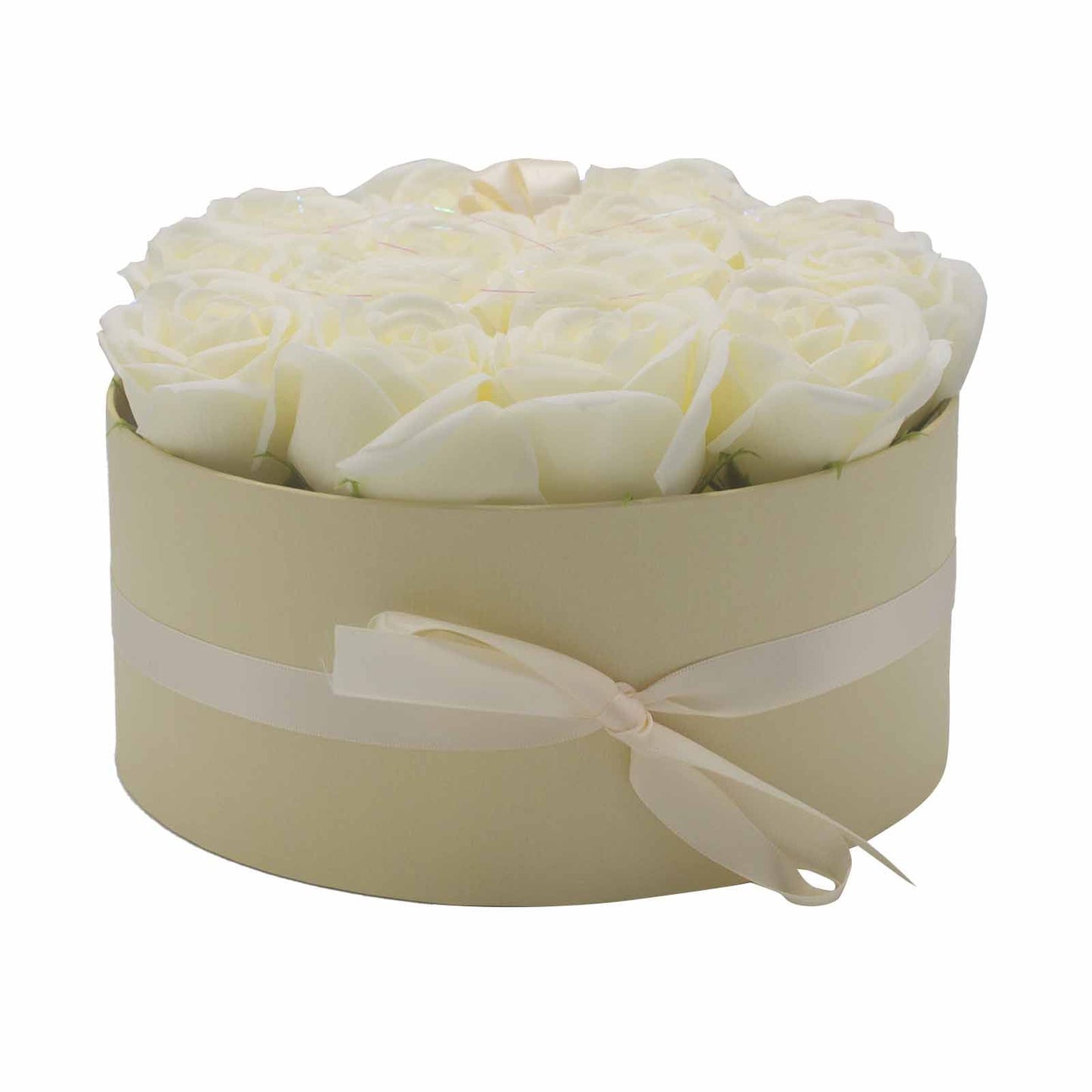 Soap Flower Gift Bouquet – 14 Cream Roses Luxury Valentine Gift (Round Box)
