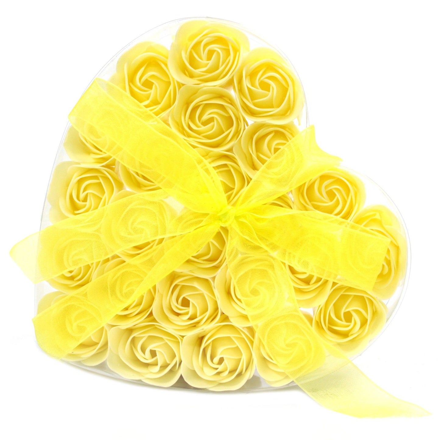 Heart Box of 24 Yellow Rose Soap Flowers – Bright Joyful Gift