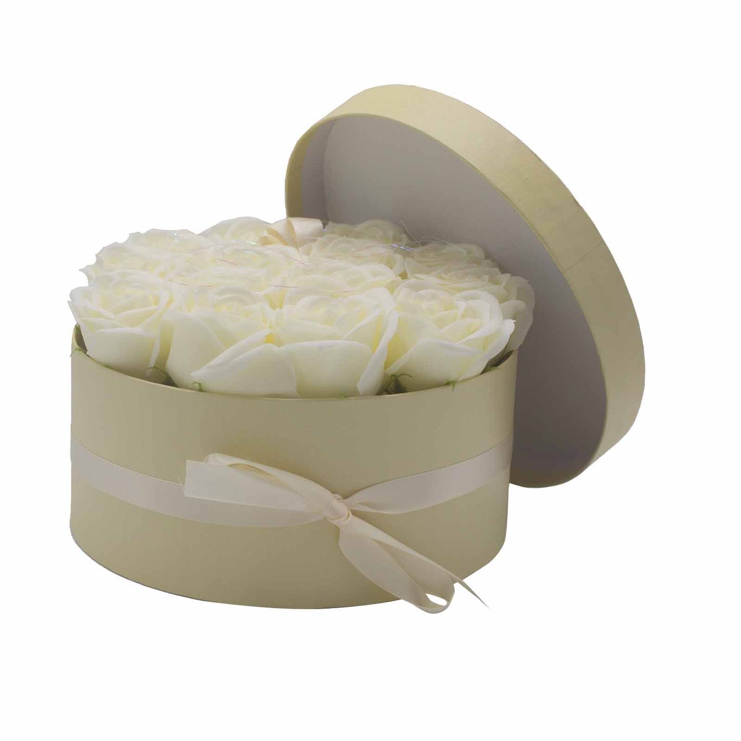 Soap Flower Gift Bouquet – 14 Cream Roses Luxury Valentine Gift (Round Box)