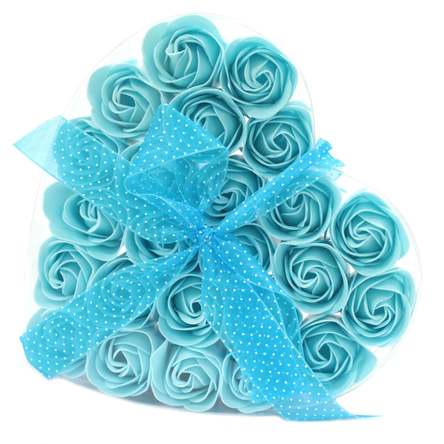 Heart Box of 24 Blue Rose Soap Flowers – Calm & Deep Love