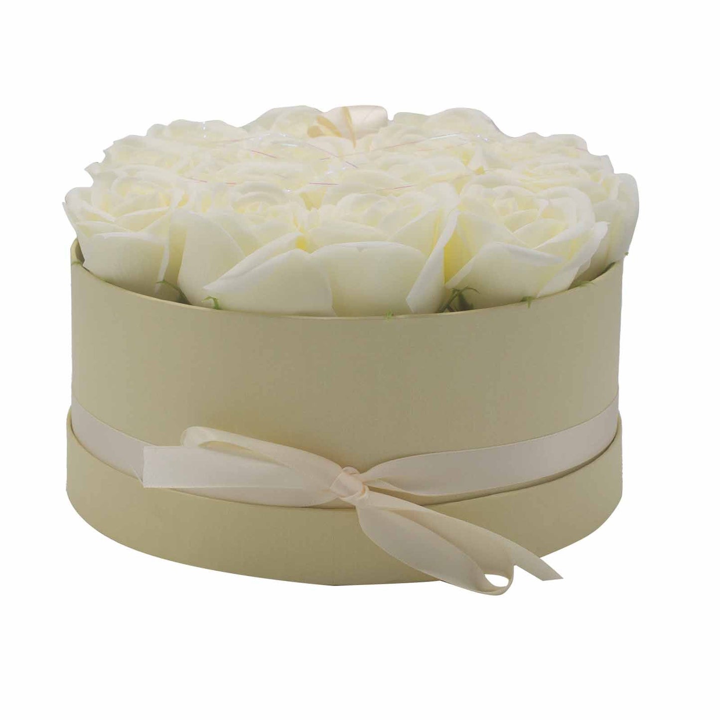 Soap Flower Gift Bouquet – 14 Cream Roses Luxury Valentine Gift (Round Box)