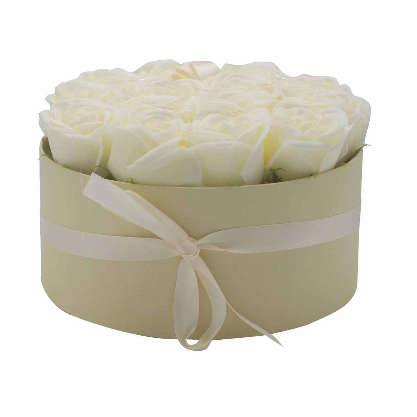 Soap Flower Gift Bouquet – 14 Cream Roses Luxury Valentine Gift (Round Box)