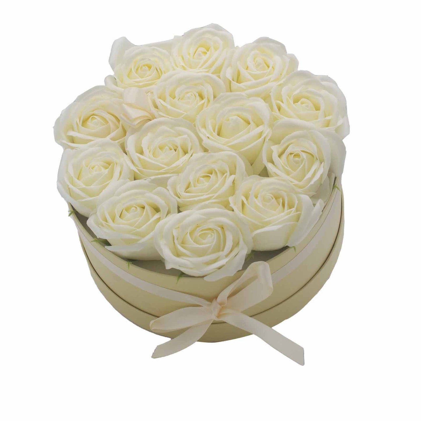Soap Flower Gift Bouquet – 14 Cream Roses Luxury Valentine Gift (Round Box)