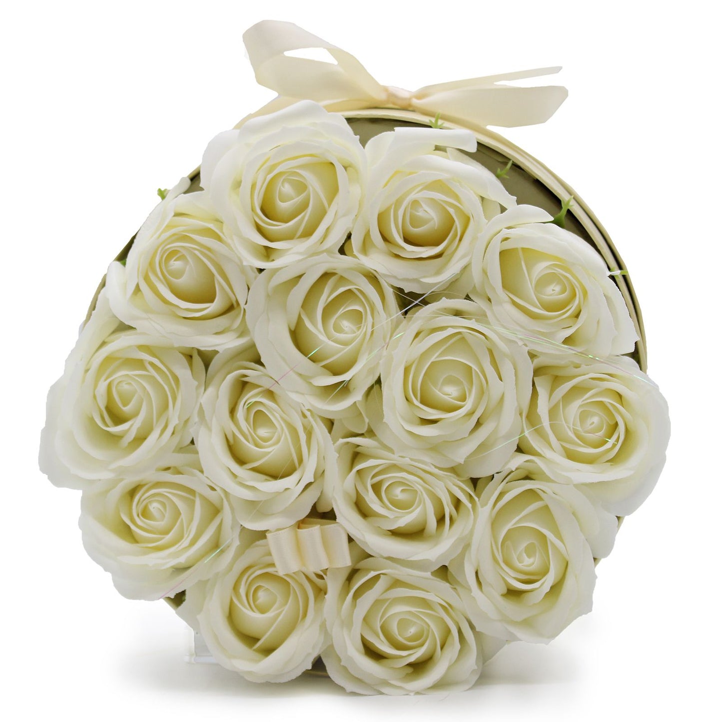 Soap Flower Gift Bouquet – 14 Cream Roses Luxury Valentine Gift (Round Box)