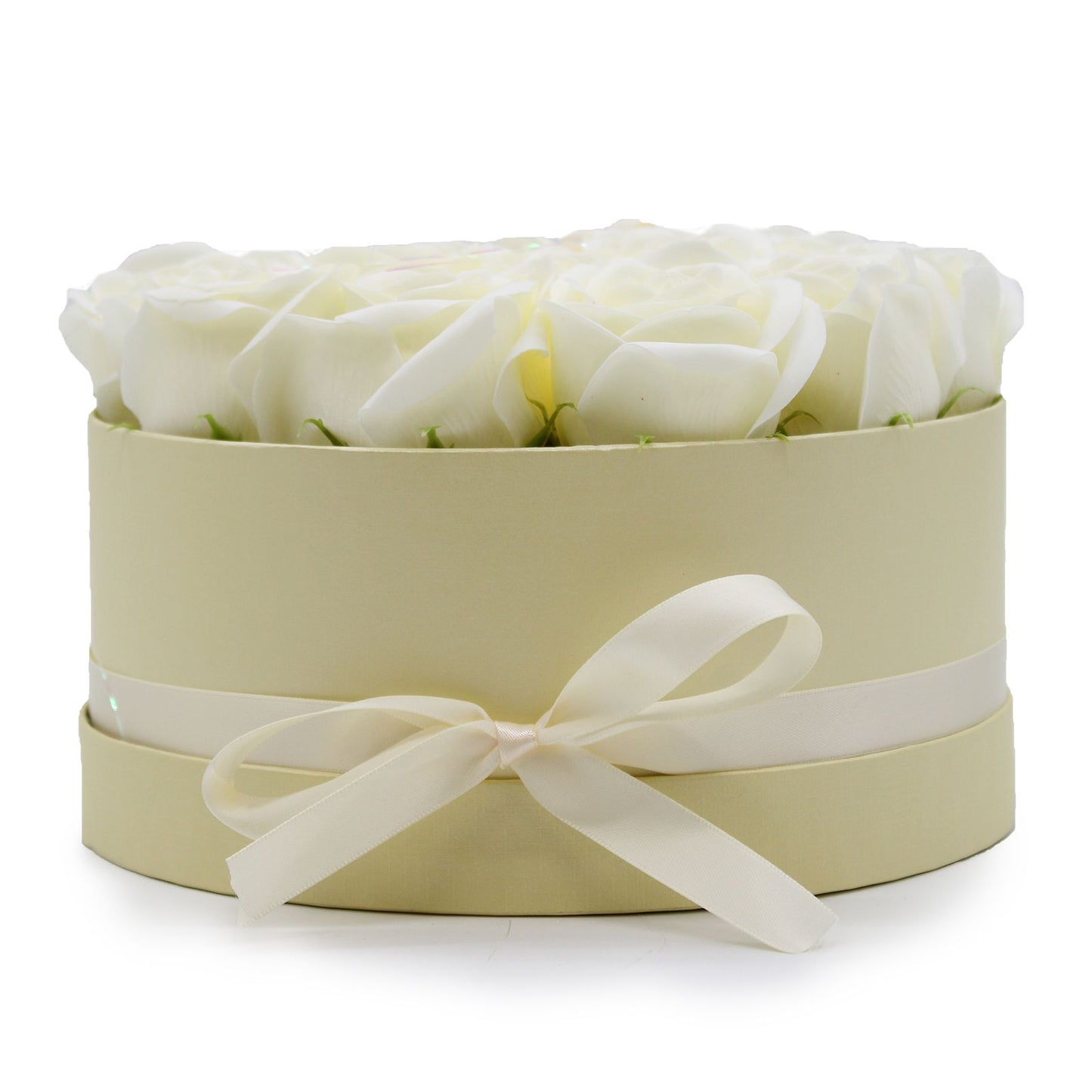 Soap Flower Gift Bouquet – 14 Cream Roses Luxury Valentine Gift (Round Box)